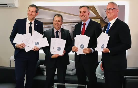 (L to R): Stefan Benz, SVP Regional Operations, EMEA; Terry Yeomans, IS-BAH Programme Director; Rob Smith, President Jet Aviation; and Kurt H. Edwards, IBAC Director General.