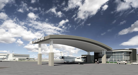 Under construction - a rendering of Sheltair's permanent facility at Rocky Mountain Metropolitan Airport.