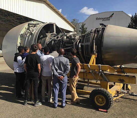 Dawit Lemma leads a visit to Ethiopian Airlines with the BIA students.