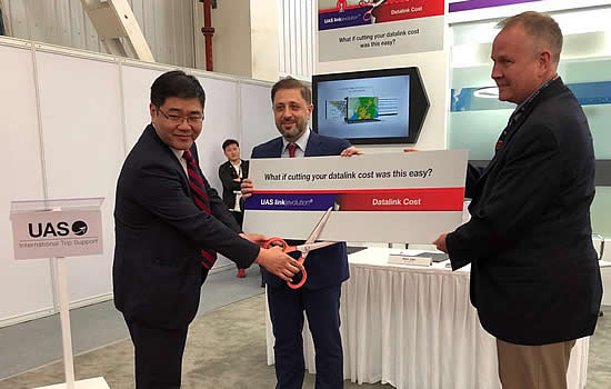 Omar Hosari, UAS Co-Owner/Founder and CEO, with Jian Jian, Hongkong Jet CEO and Jason Wissink, Sr. Sales Director - Connected Aircraft at Honeywell.