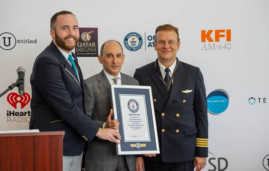 Mike Marcotte of Guiness World Records; His Excellency Mr Akbar Al Baker, Qatar Airways Group Chief Executive and Hamish Harding, (pilot) Chairman, Action Aviation, UK.