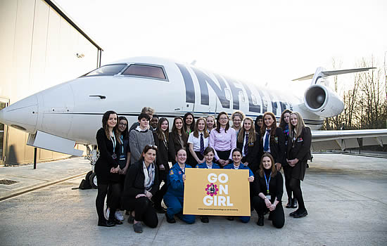 Stansted Airport College is taking more female trainees. Students by the College’s Bombardier Challenger 600, donated by Inflite The Jet Centre | Photo: Stansted Airport College.