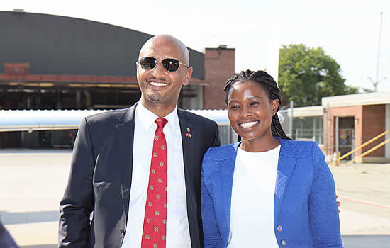 Dawit Lemma with Caroline Marete, a PhD student with the School of Aviation and Transportation Technology, who read a message from Elizabeth Dornak, Chair of Board of Directors, NBAA.