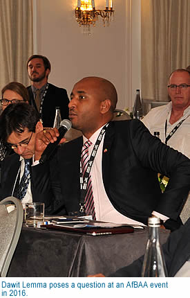 Dawit Lemma poses a question at an AfBAA event in 2016.