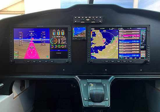 VoltAero’s Cassio 330 full-scale cabin mockup includes a flight deck equipped with Avidyne’s Quantum 14-inch displays in the dual PFD/MFD (Primary Flight Display/Multi-function Display) configuration.