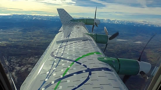 This view shows three of EcoPulse’s six wing-mounted integrated electric thrusters (or e-Propellers) during the aircraft’s first flight in the hybrid-electric mode. The large number of surface markers are tufts that enable airflow to be visualized across the wing | Photo: ©Daher.