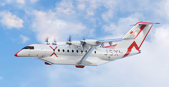 Rendering of the Heart Aerospace ES-30 30-seat hybrid-electric aircraft in JSX livery.