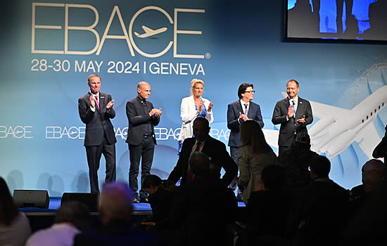 EBACE2024 Opening Keynote (L to R): Ed Bolen, NBAA; Dr. Bertrand Piccard, Solar Impulse Foundation; Delphine Bachmann, State of Geneva; John Santurbano, EUROCONTROL; Holger Krahmer, EBAA.