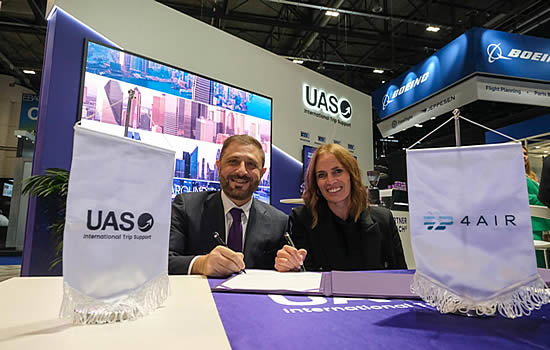 Omar Hosary UAS Co-Founder and CEO, and Nancy BSales, COO, 4Air at EBACE 2024. 