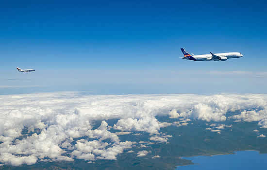 A350 flight test aircraft followed by DLR chase plane during ECLIF3 flight campaign.