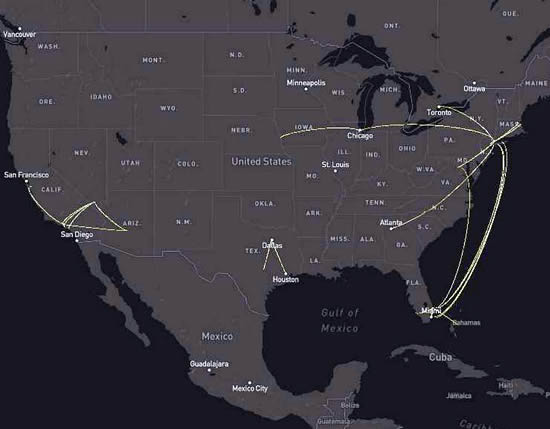 US Super Midsize top 50 airport pair map and departure airports ranked by departures, 1st January-30th June 2024.