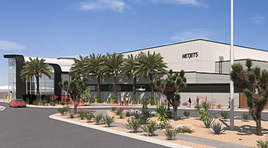 NetJets plans to open a new two-hangar Las Vegas FBO, shown in this rendering, in 2027. (Photo: NetJets)