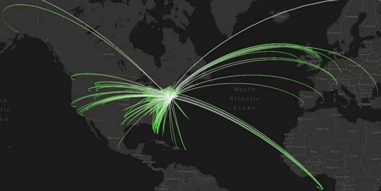 Global US bizjet connections from airports in New York State in July 2024.