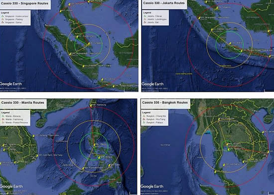 Sample range capabilities for the Cassio 330 aircraft in Southeast Asia | click on the image to enlarge