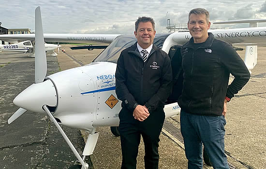 Glen Heavens, CEO, Synergy Flight Training and Adam Twidell at Fairoaks Airport.