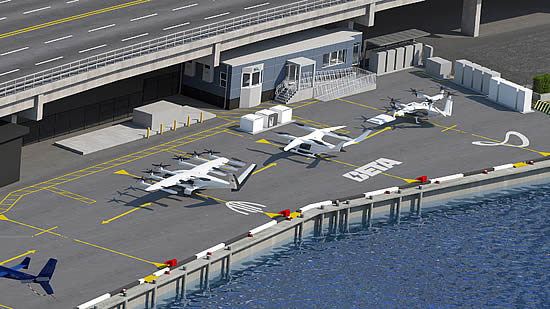 eVTOL aircraft from Joby, BETA, and Archer parked at Atlantic Aviation’s East 34th Street Heliport (6N5) in New York City are depicted in this rendering. Charging stations for the aircraft will be installed at Atlantic’s facility as part of the five-year renewal term Atlantic has executed with the New York City Economic Development Corporation. 