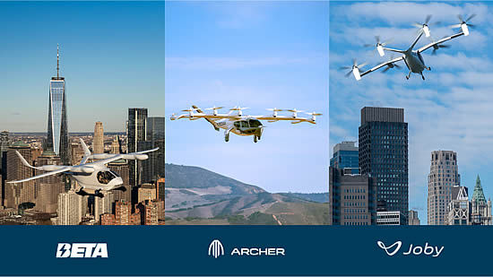 BETA, Archer, and Joby eVTOL aircraft are shown flying over scenic terrain, showcasing the future of sustainable urban air mobility.