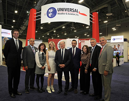 (L to R): Bernardo Pinherio, representing Safeport - Portugal | Adolfo Aragon, SR Vice President, Universal Aviation | Catherine Evans, Universal Weather and Aviation | Claudia Evans, Universal Weather and Aviation | Greg Evans, Chairman, Universal Weather and Aviation | Pedro Duarte, Representing Safeport - Portugal | Sarah Evans, Universal Weather and Aviation | Ralph Vasami, CEO Universal Weather and Aviation | Charlie Mularski, President and COO, Universal Weather and Aviation.