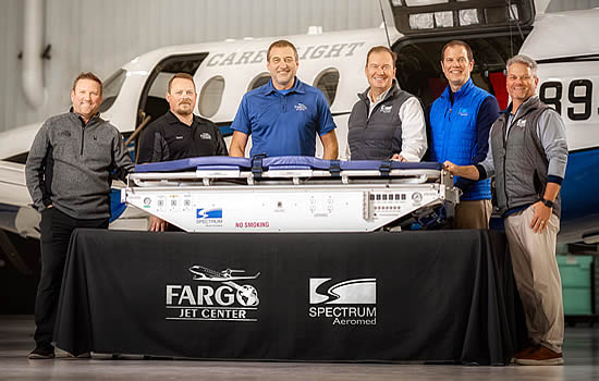 Members of Fargo Jet Center (FJC) and Spectrum Aeromed (SA) from left to right: Darren Hall, VP of Business Development (FJC), Nate Berg, Aviation Maintenance Technician Lead (FJC), Scott Reiland, Assistant Maintenance Manager (FJC), Jeff Edberg, VP of Operations (SA), Chase McCown, President (SA), and Matthew Christenson, VP Account Executive (SA)