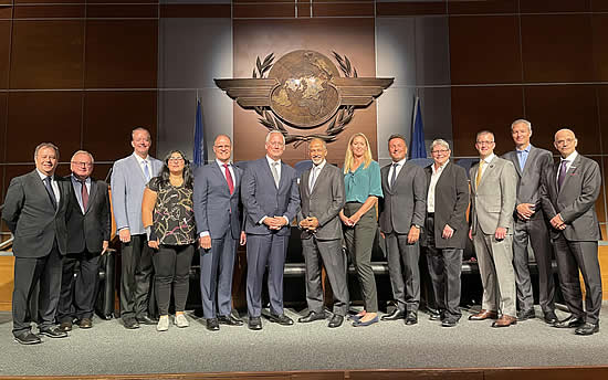 IBAC planning and operations committee meeting at the ICAO Assembly Hall in Montreal, September 2024. Pictured left to right: Terry Yeomans, IBAC; Leo Knaapen, IBAC; Doug Carr, NBAA; Joelle El Hajj, IBAC; Scott Macpherson, CBAA; Kurt Edwards, IBAC; Ali Alnaqbi, MEBAA; Lindsey Oliver, BBGA; Josh Stewart, IBGAA; Laura Everington, NBAA; James Elian, CBAA; Andrew Karas, IBAC; Claude Hurley, IBAC).