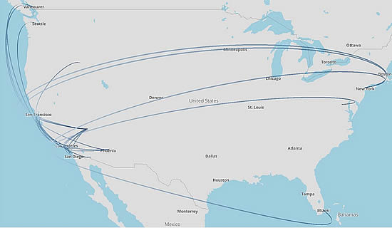 Top business jet routes from California, W49 2024.