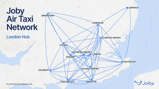 An illustration of what a future Joby air taxi network centered around London and Virgin Atlantic’s hub at Heathrow Airport could look like | Credit: Joby Aviation.