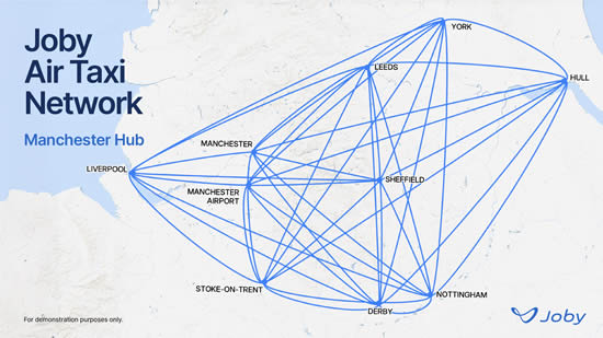 An illustration of what a future Joby air taxi network centered around Manchester and Virgin Atlantic’s hub at Manchester Airport could look like | Credit: Joby Aviation.