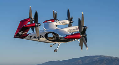 Joby’s all-electric air taxi in flight above the company’s flight test facility in Marina, California | Credit: Joby Aviation.
