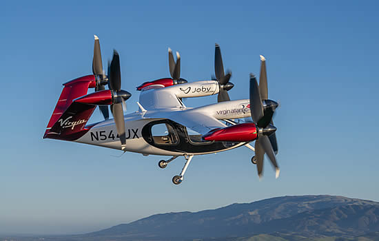 Joby’s all-electric air taxi in flight above the company’s flight test facility in Marina, California | Credit: Joby Aviation.