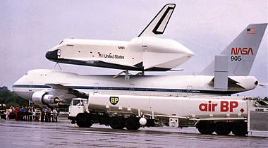 1980s: Air bp Germany- A NASA Boeing 747 carrying the prototype space shuttle Enterprise is fuelled by Air bp. 1980s: Air bp Germany- A NASA Boeing 747 carrying the prototype space shuttle Enterprise is fuelled by Air bp.