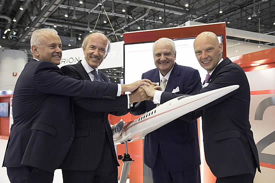 Aerion teams with Sparfell & Partners for AS2 sales. At EBACE 2018: Ernest (Ernie) Edwards, Aerion Chief Commercial Officer; Philip Queffelec, Chairman, Sparfell & Partners; Brian Barents, Executive Chairman and Chief Executive Officer, Aerion; Christian Hatje, Sparfell & Partners CEO.